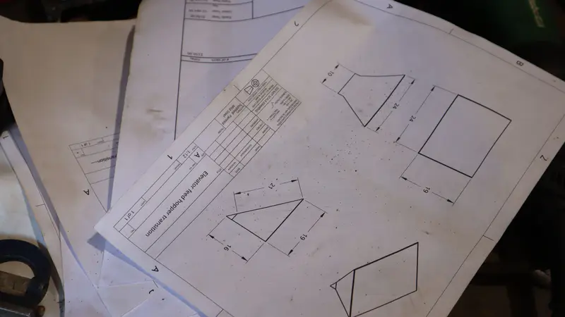 Fabrication drawings with dimensioned plate shapes spread across a bench